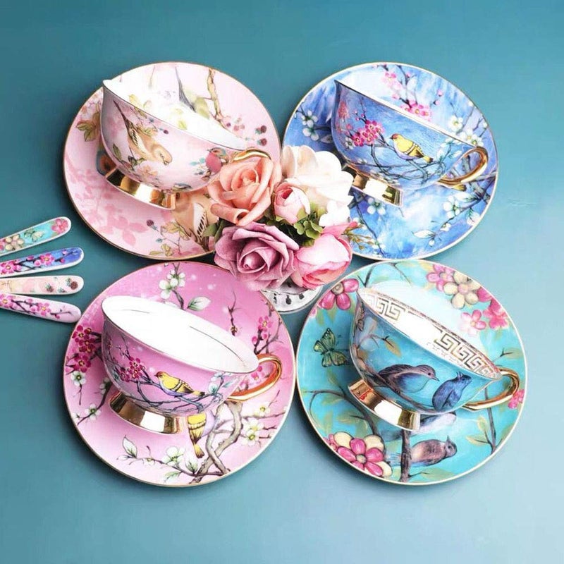 Eplze YBK Tech Euro Style Cup& Saucer Set Art Bone China Ceramic Tea Coffee Cup for Breakfast Home Kitchen- Birds and Trees Patterns (Light Pink) - Image 3